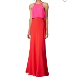 JILL STUART LOVELY DUO COLORBLOCK MAXI DRESS GOWN HIGH NECK OPEN BACK RED PURPLE